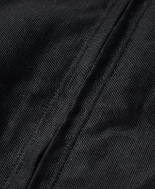 Close-up of black woven fabric texture and stitched zipper line