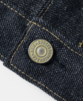 Indigo selvedge denim jacket button, round branded metal rivet