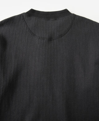 Black ribbed long-sleeve henley shirt neckline and center button placket