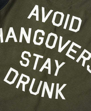 Olive quarter-zip long sleeve T-shirt with large white text graphic