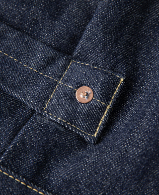 WWII Type 1 selvedge denim jacket, dark indigo, flap pocket with copper button
