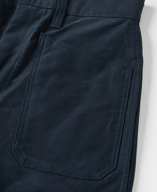 Navy deck pants front pocket close-up with reinforced stitching and seam lines.