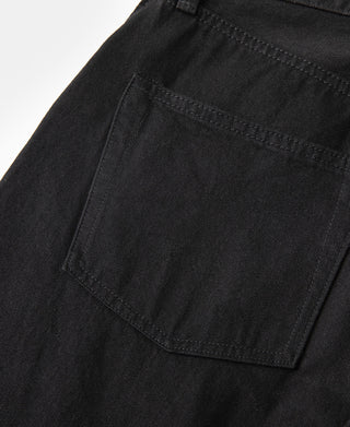 Black denim jeans front pocket detail with bar-tack stitching and curved pocket opening