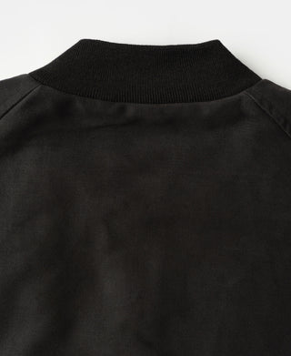 Black bomber jacket collar with ribbed knit neckline trim and shoulder seam
