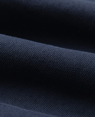 Navy raglan sweatshirt fabric close-up showing knit texture