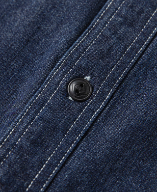 Denim workshirt front button with stitched placket detail, dark blue wash
