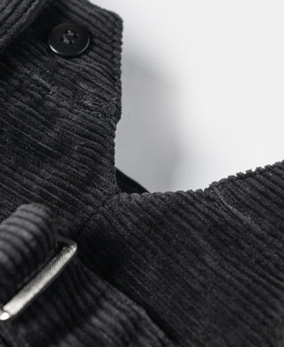 Black corduroy work pants with dark button at waist opening
