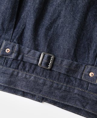 Indigo denim jacket hem with adjustable belt tab and metal strap buckle