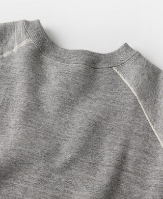 Gray raglan-sleeve sweater neckline and raglan seam, crew neck close-up