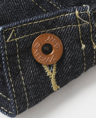 Indigo denim jacket pocket snap button with yellow bar-tack reinforcement