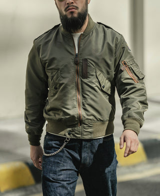 Olive L-2 flight jacket with front zipper and side arm patch