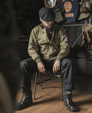 US Army 1st tanker jacket in olive green with sleeve patches and front zipper