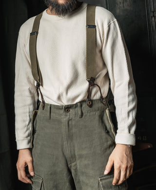 Olive X-back suspenders with elastic straps and leather adjuster clips