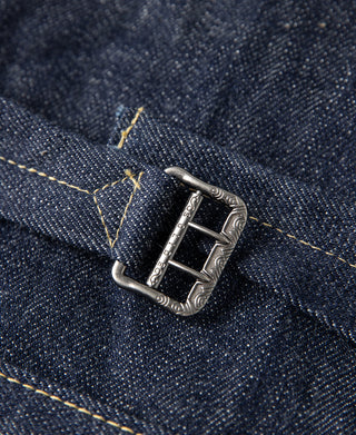 WWII Type 1 selvedge denim jacket, dark indigo, close-up of metal belt buckle hardware