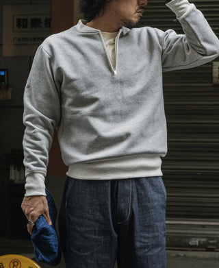 Gray heavyweight fleece half-zip sweatshirt with ribbed cuffs and hem