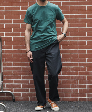 Black straight-leg work pants with side pockets and relaxed fit