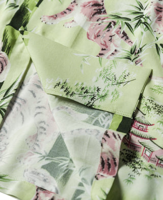 Light green aloha shirt close-up of tiger and bamboo pattern with crew neck seam