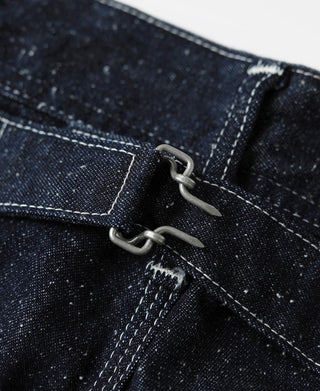 Indigo denim carpenter pants front pocket with metal chain attachment