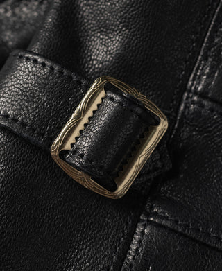 Black goatskin leather jacket buckle strap detail