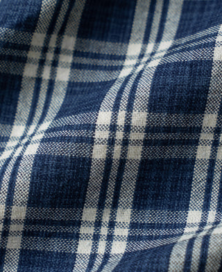 Blue and white plaid shirt jacket pattern close-up