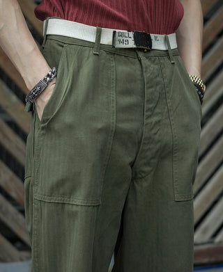 Olive utility fatigue pants with front button closure and large side pockets