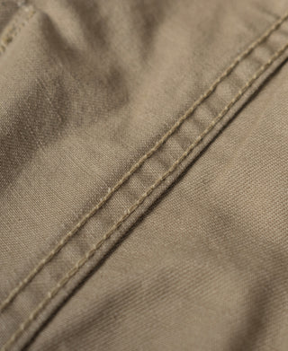 Khaki combat pants close-up of straight stitch line along the hem