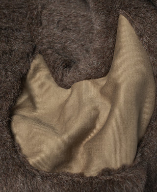 Deck jacket collar lining with dark brown fuzzy fleece and khaki inner panel