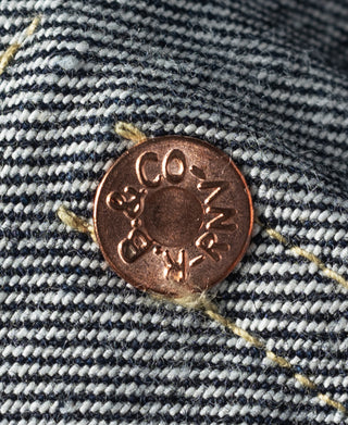 Indigo denim jacket button on contrast striped stitch detail