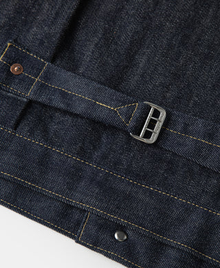Indigo denim jacket chest placket with metal buckle-style closure and topstitching