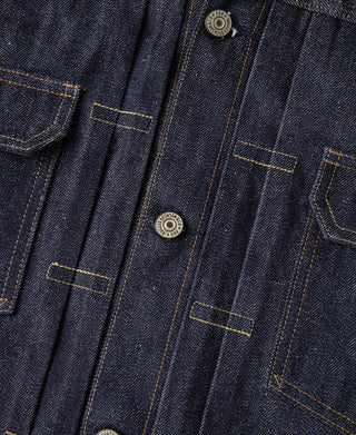 Indigo denim jacket front placket with round metal buttons and contrast topstitching