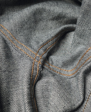 Indigo denim jacket detail: button placket with contrast orange chain stitching