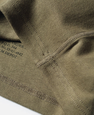 Olive cotton tank top neckline seam with reinforced stitching