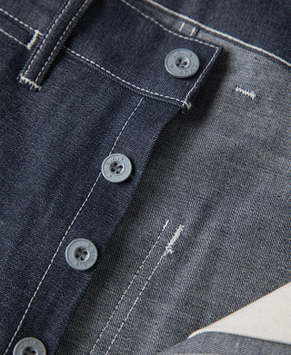 US Army M-40 dungaree fatigue pants, indigo denim with metal button placket detail