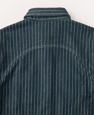 Indigo Wabash work shirt back yoke with three button closure detail.