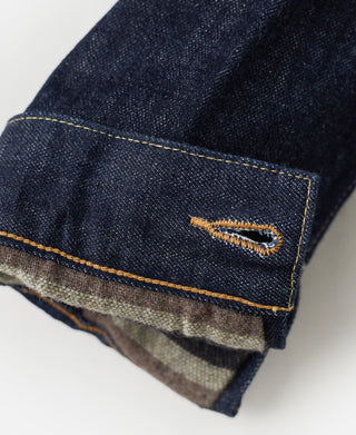 Denim jacket cuff with embroidered logo detail and plaid blanket lining