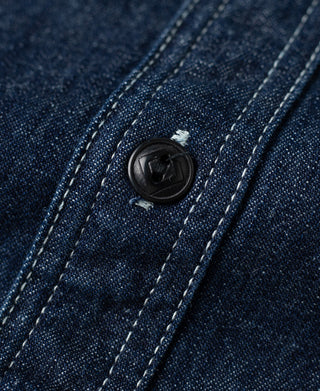 Indigo denim work shirt, round dark button on pocket flap