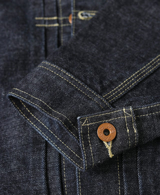 Indigo denim jacket shoulder and chest yoke with copper snap button