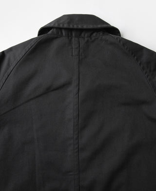 Black all-weather trench coat, back view with stand collar and center seam