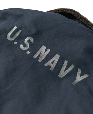 Navy N-1 deck jacket back with large “U.S. NAVY” stencil print