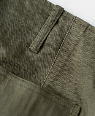 Olive trousers front with fly placket, belt loop, and pocket stitching