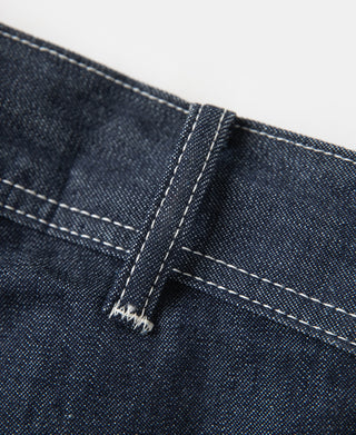 Indigo denim painter pants, front waistband button placket with triple stitching