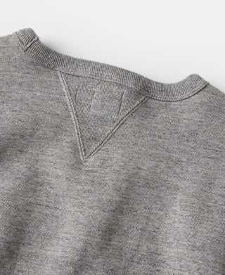 Gray knit sweater neckline with ribbed collar and stitched V seams on back