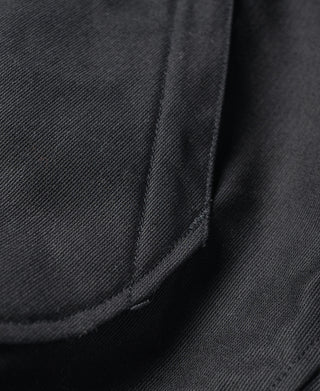 Close-up of black jacket cuff seam and fabric edging detail