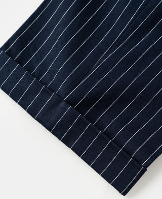 Navy pinstripe work pants with stitched hem cuff