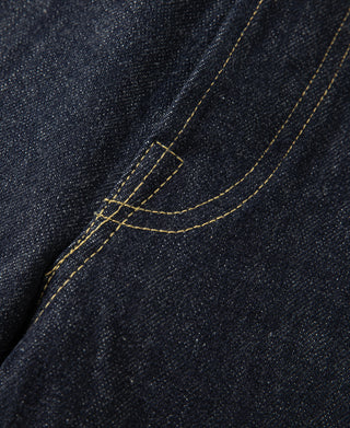 Indigo denim jeans curved pocket seam with contrast yellow topstitching