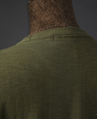 Green cotton t-shirt back view with ribbed collar and clean seam finish