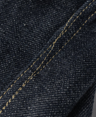 Indigo selvedge denim jacket, diagonal row of contrast yellow topstitching