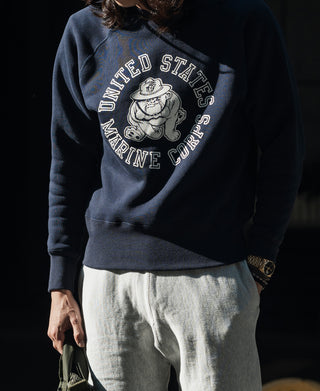 Navy raglan crewneck sweatshirt with United States Marine Corps oval logo