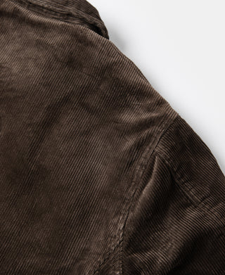 Brown corduroy cossack jacket side with stitched panel and zippered edge