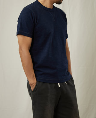 Indigo cotton t-shirt with crew neck, back side view